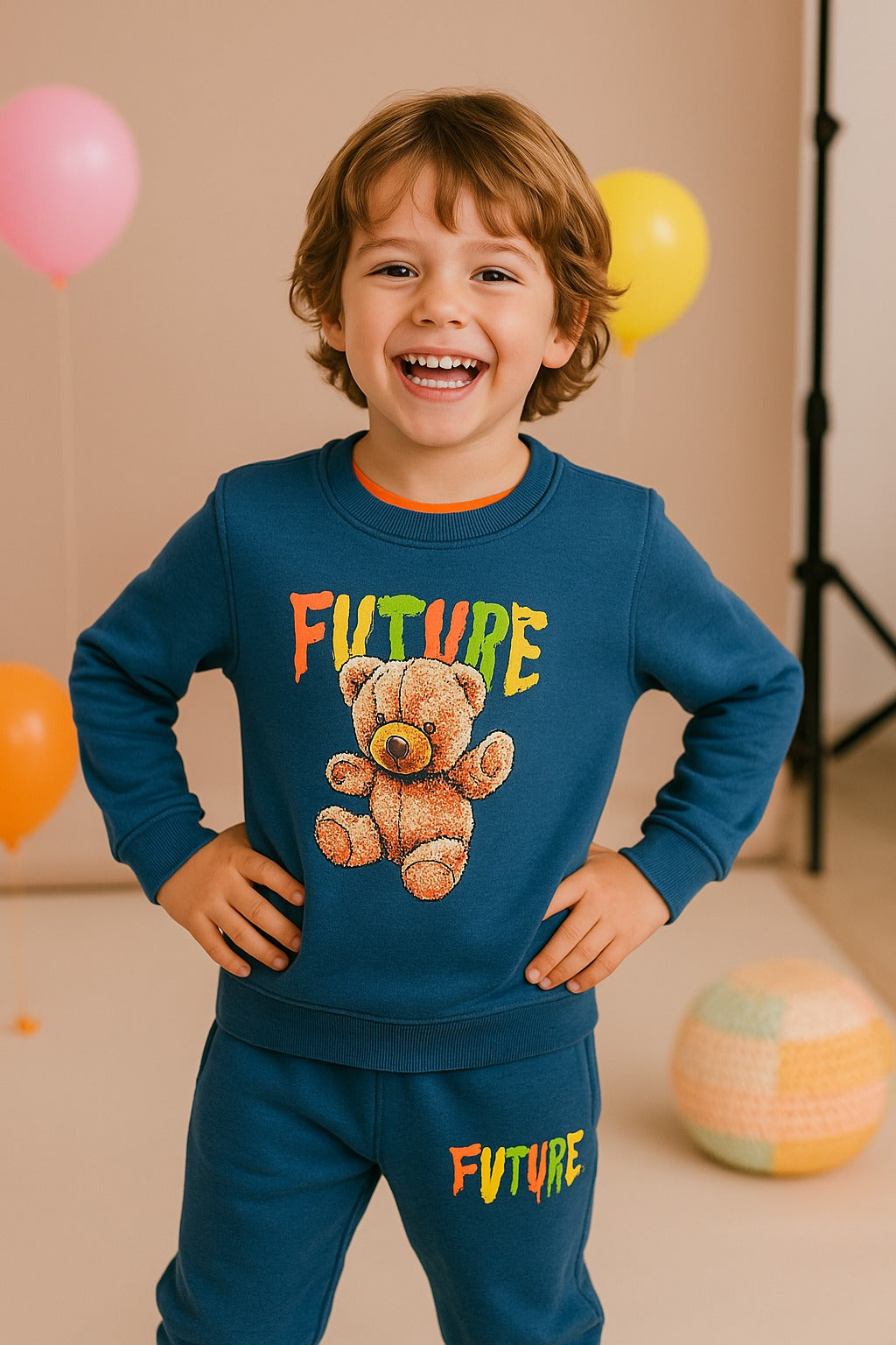 Graphic Teddy Bear  Sweatshirt with Trouser(2 piece) _ Teal Blue