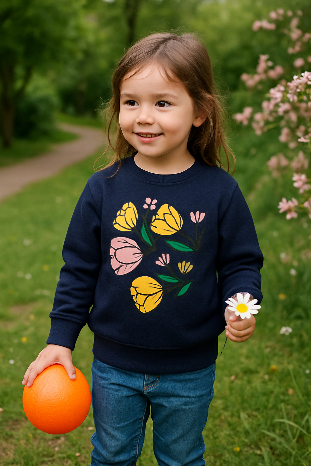 Graphic Flowers Sweatshirt _ Navy Blue